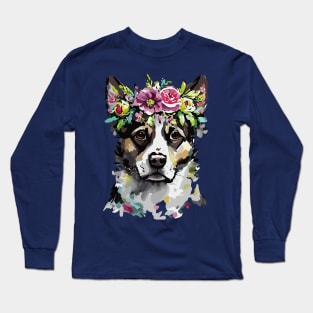 Mixed Breed Dog Floral Portrait Long Sleeve T-Shirt